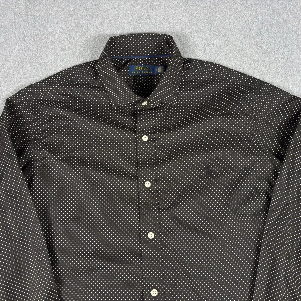 Polo Ralph Lauren Shirt Mens L Black White Polka Dot Button Up Long Sleeve